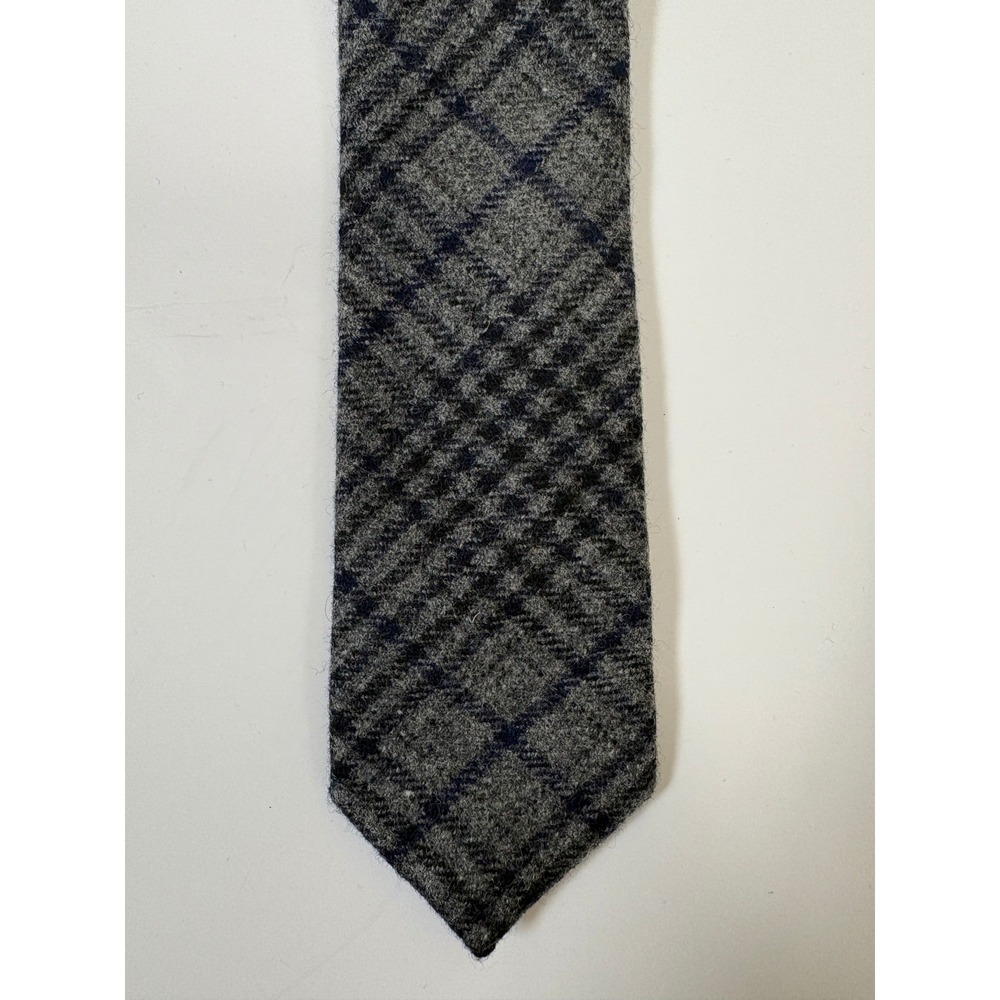 J.Crew Necktie Mens Grey Navy Blue Plaid 100% Wool Handmade USA Neckwear Preppy